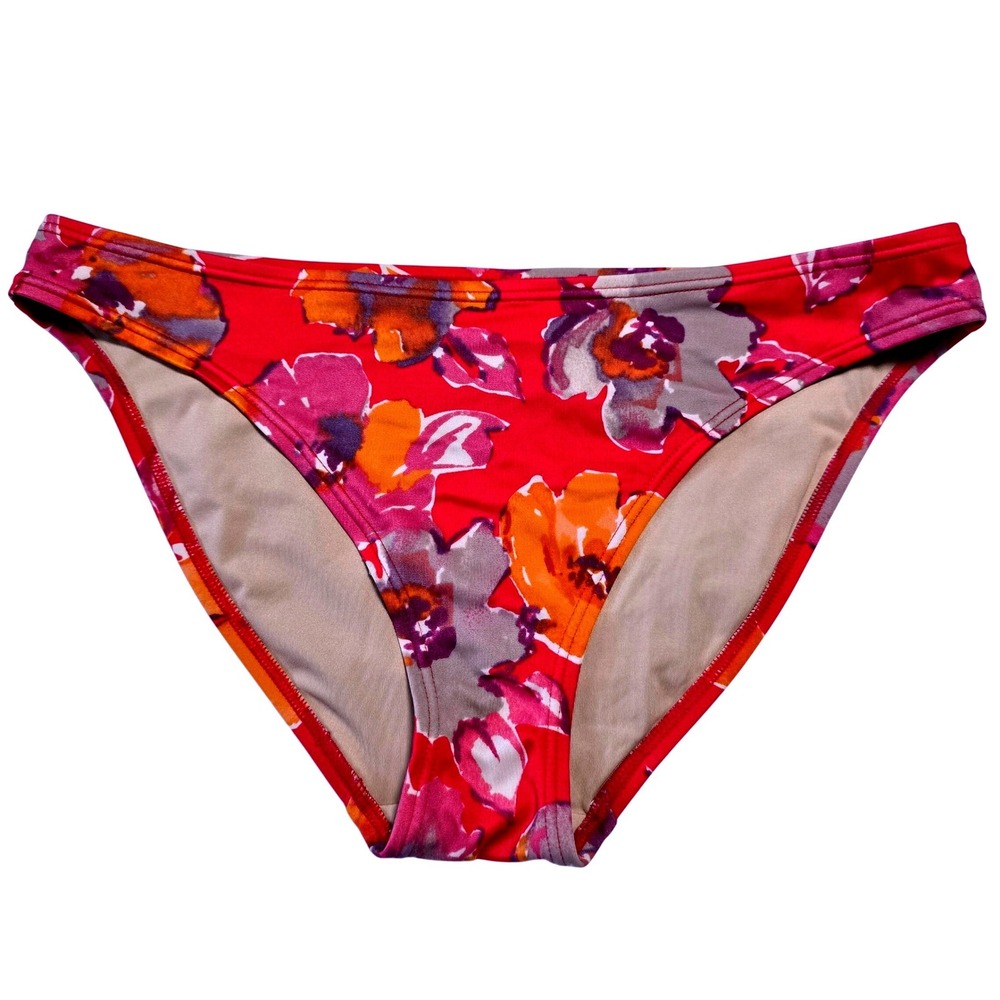 Women Size L Scoop Bikini Swim Bottom Red Orange Floral Print